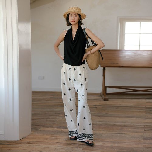 LS_Embroidery thin wide pendant pants