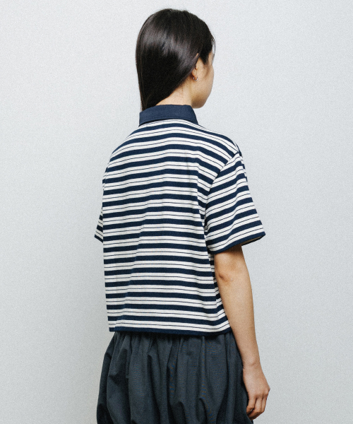 ESSENTIAL STRIPE COLLAR TEE navy
