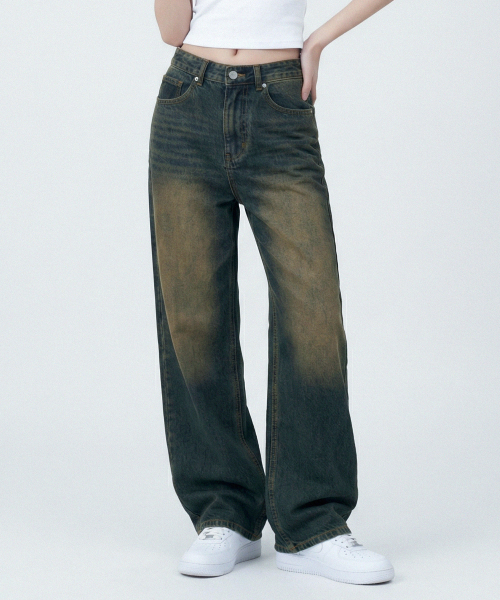 Wide washed denim pants [Yellow black]