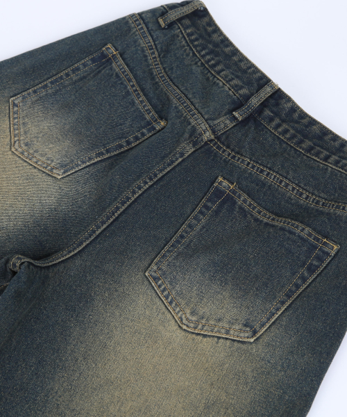 Wide washed denim pants [Yellow black]