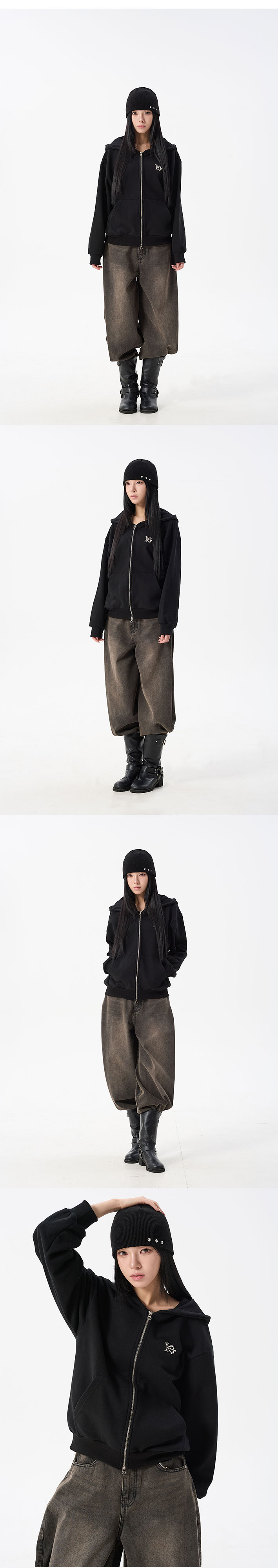 여성 모델 그레이 후드 클로즈업 & 포즈 강조 컷