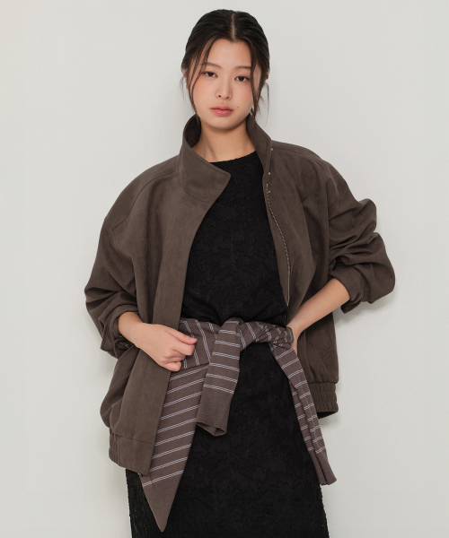 Women's Synthetic Suede High Neck Blouson Jacket [Brown] thumbnail 4