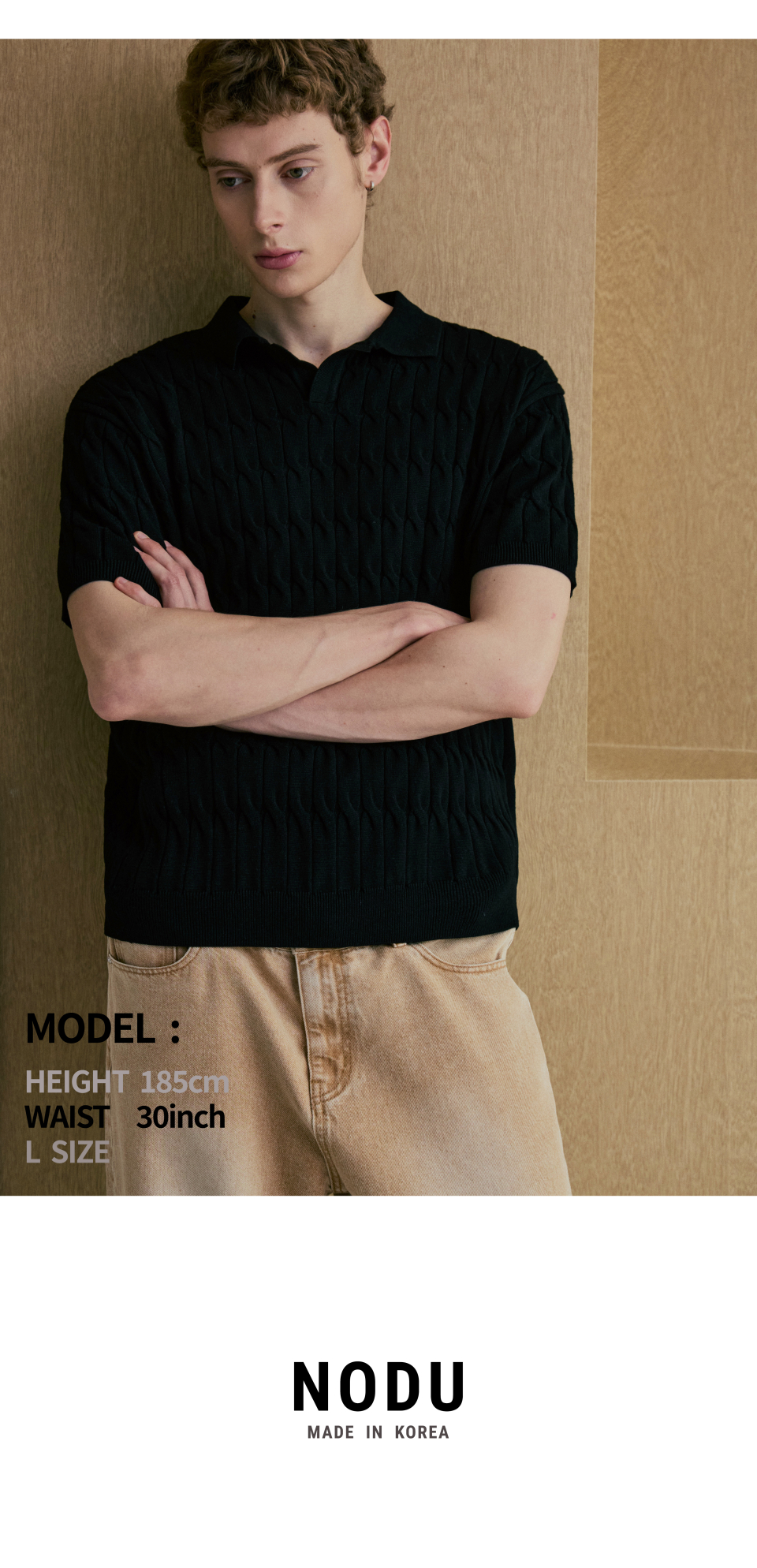 MUSINSA公式 | NODU Six Cable Collar Short Sleeve Knit [Black]