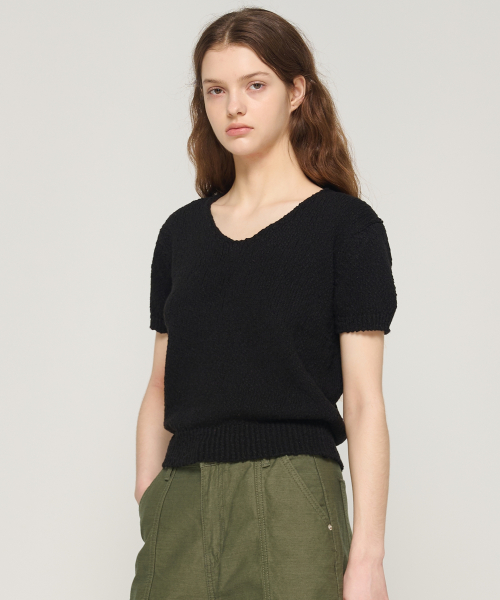 Буклированный трикотажный топ с V-вырезом (Black)