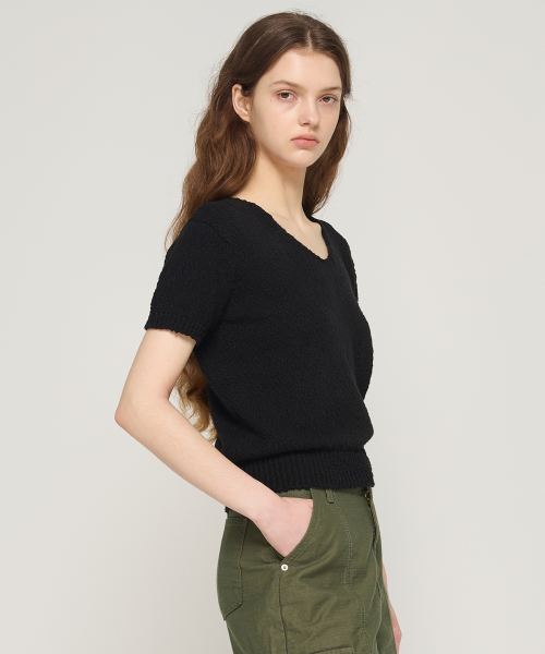 Буклированный трикотажный топ с V-вырезом (Black)