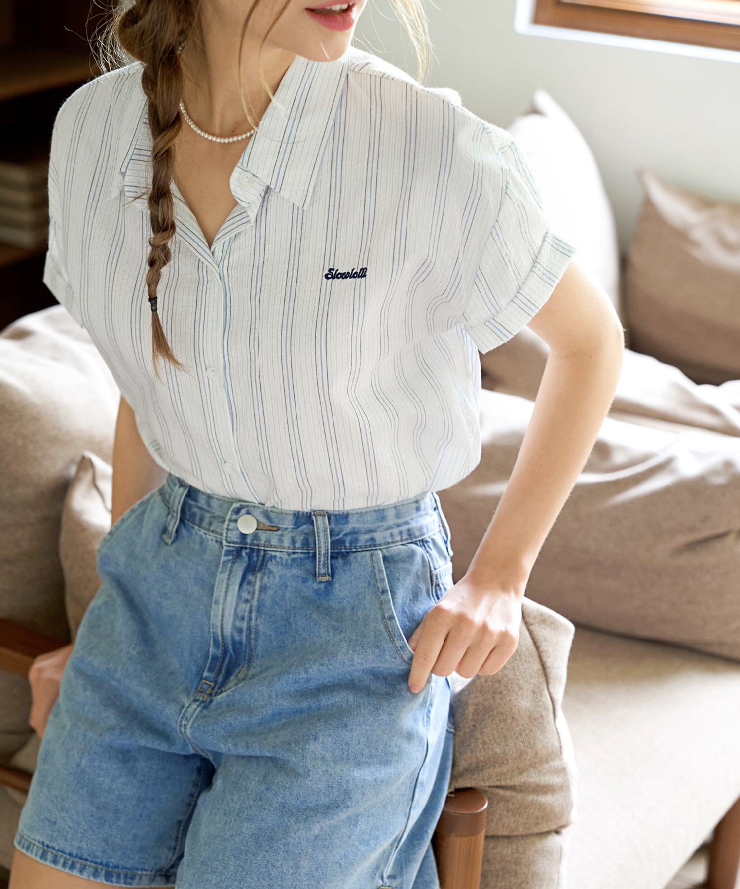 Contrast stripe short-sleeve shirt - White