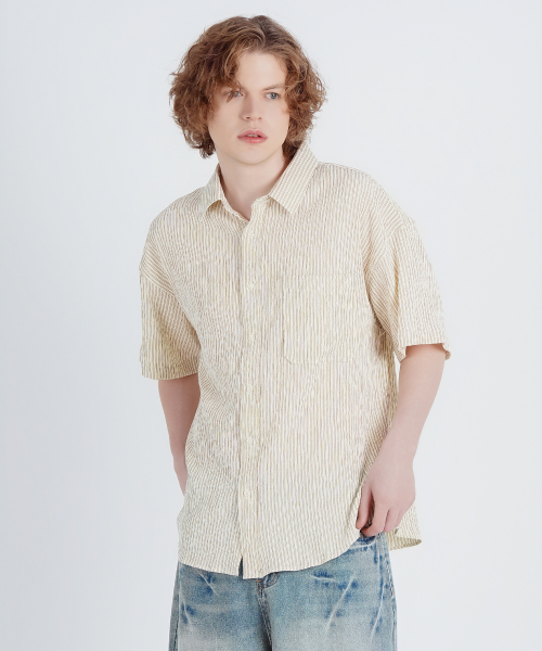 Свободная рубашка в полоску из сирсакера [Beige]