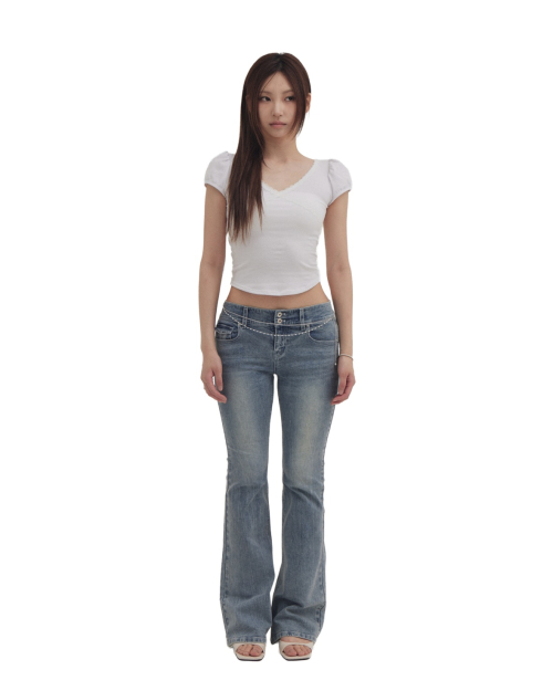 Ribbon stitch bootcut jeans (blue)