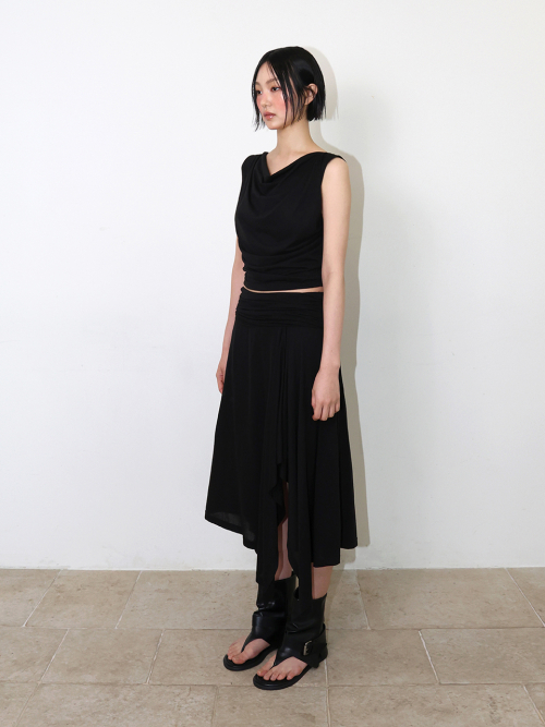 JERSEY SHIRRING LOGO SLEEEVELESS - BLACK