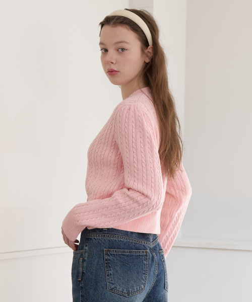 Soft Cable Knit Button Cardigan - pink