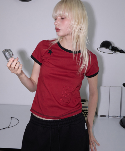 Star Patch Slim Fit Ringer Tee Red