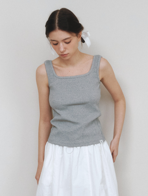 Cotton Ribbed Square Neck Sleeveless Top - gray
