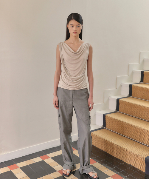 GLOSSY STRAP PANTS [ KHAKI GRAY ]