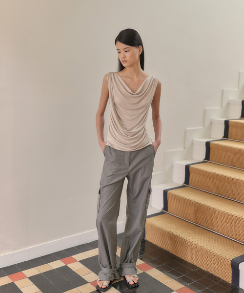 GLOSSY STRAP PANTS [ KHAKI GRAY ]