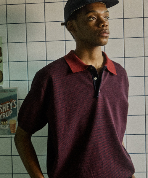 Half-Open Collar Short-Sleeved Stripe Knit (Navy)