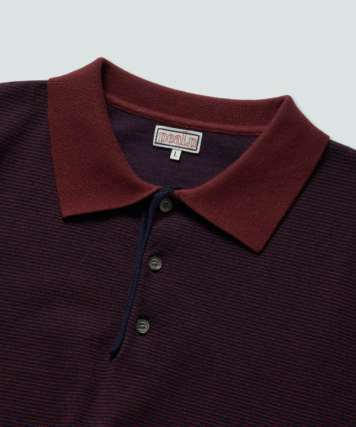Half-Open Collar Short-Sleeved Stripe Knit (Navy)
