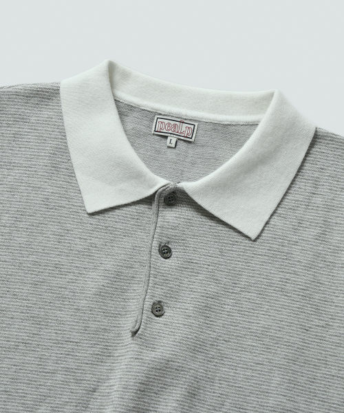 Half-Open Collar Short-Sleeved Stripe Knit (Gray)