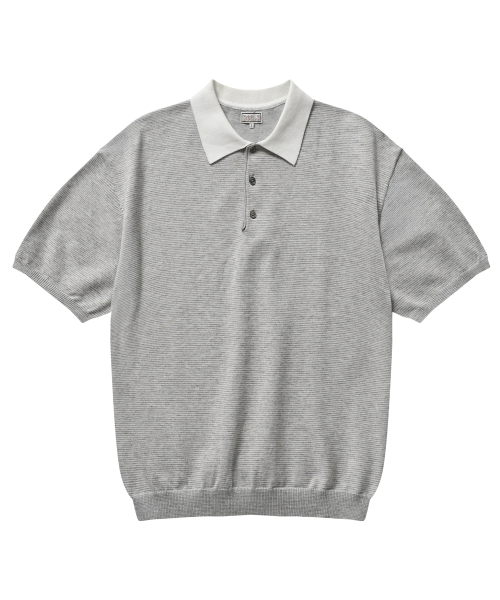 Half-Open Collar Short-Sleeved Stripe Knit (Gray)