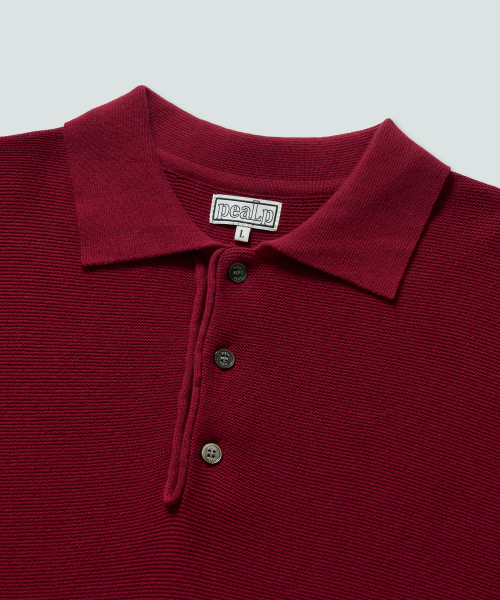 Half-Open Collar Short-Sleeved Cotton Knit (Deep Red)