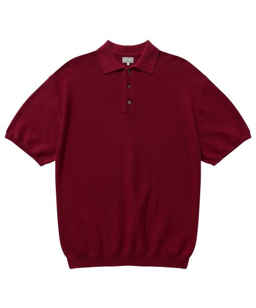 Half-Open Collar Short-Sleeved Cotton Knit (Deep Red)
