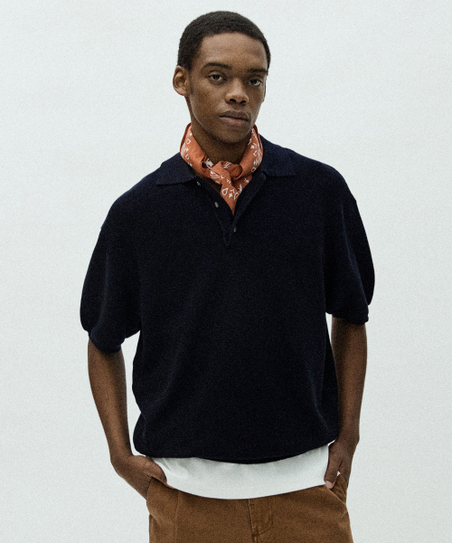 Half-Open Collar Short-Sleeved Cotton Knit (Navy)