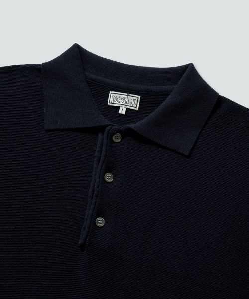 Half-Open Collar Short-Sleeved Cotton Knit (Navy)