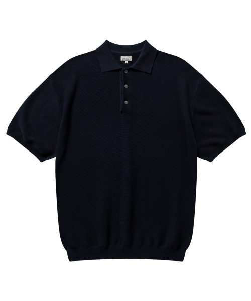 Half-Open Collar Short-Sleeved Cotton Knit (Navy)