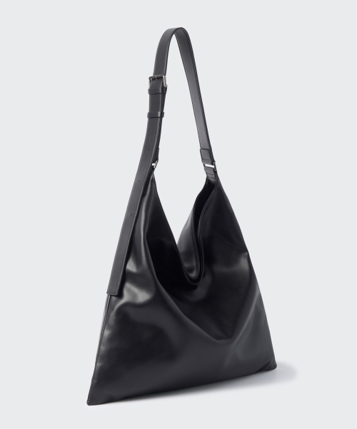 SYNTHETIC LEATHER SLOUCHY SHOULDER BAG [BLACK]