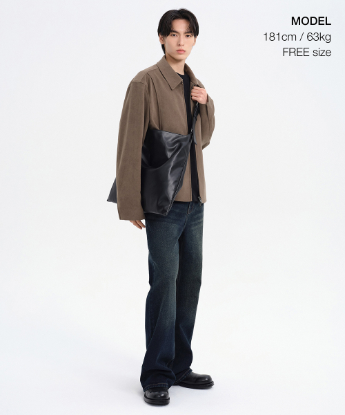 SYNTHETIC LEATHER SLOUCHY SHOULDER BAG [BLACK]