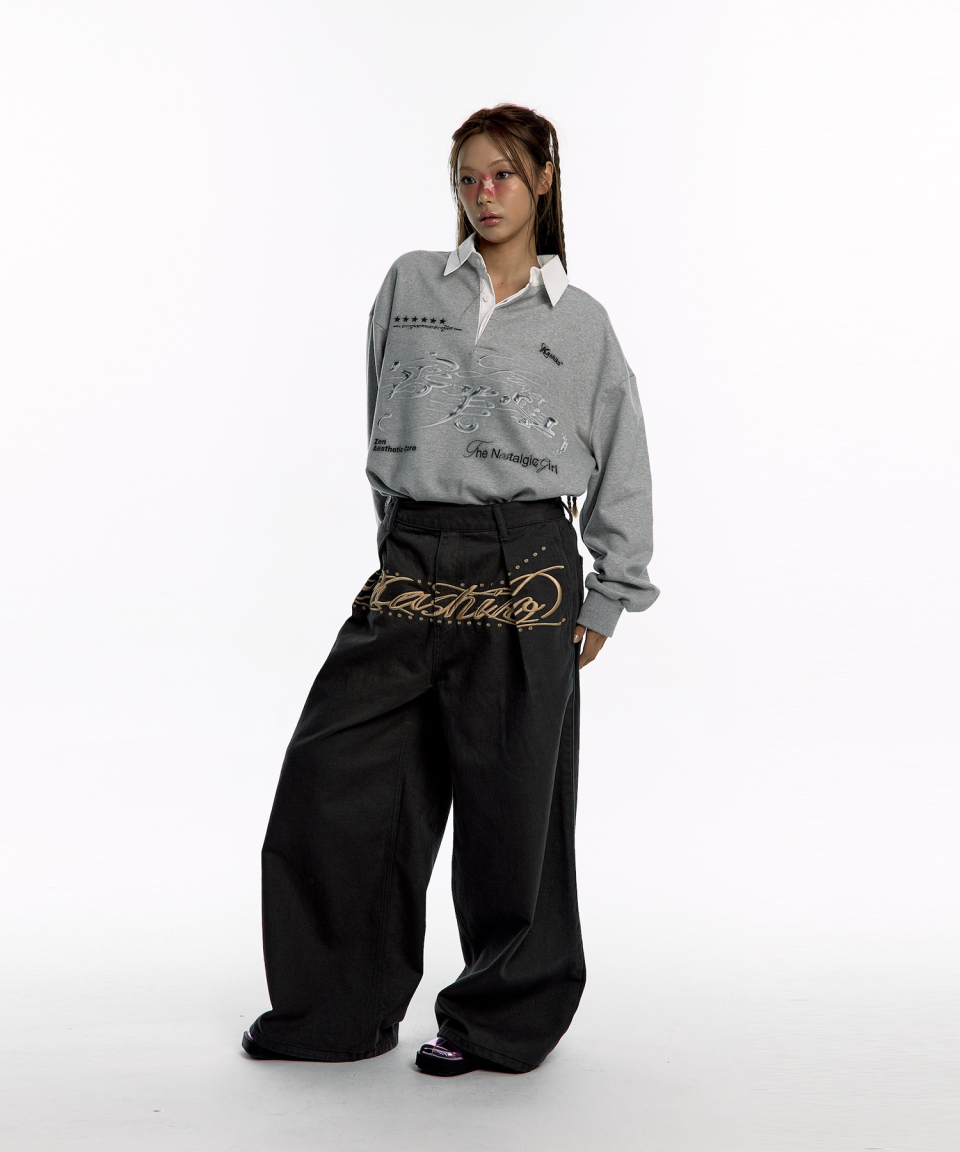 카시코(KASHIKO) Embroidered Pintuck Wide Pants Charcoal
