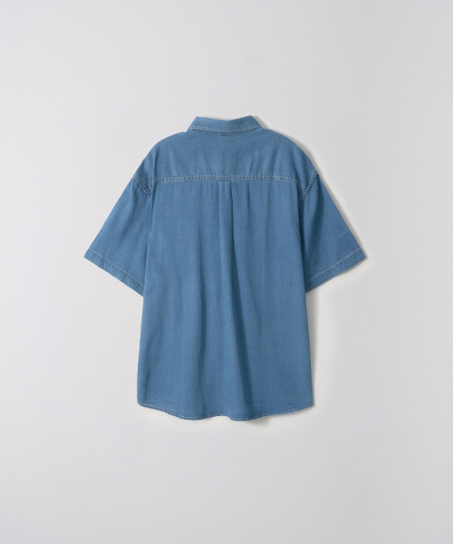 Two-pocket denim short-sleeved shirt_Blue