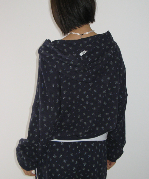 WALFFLE FLORAL HOODED ZIP UP NAVY