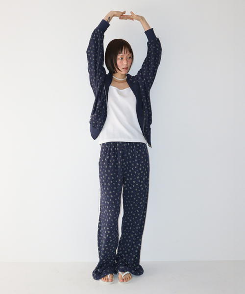 WALFFLE FLORAL HOODED ZIP UP NAVY