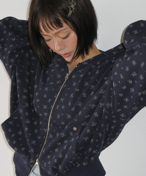 WALFFLE FLORAL HOODED ZIP UP NAVY