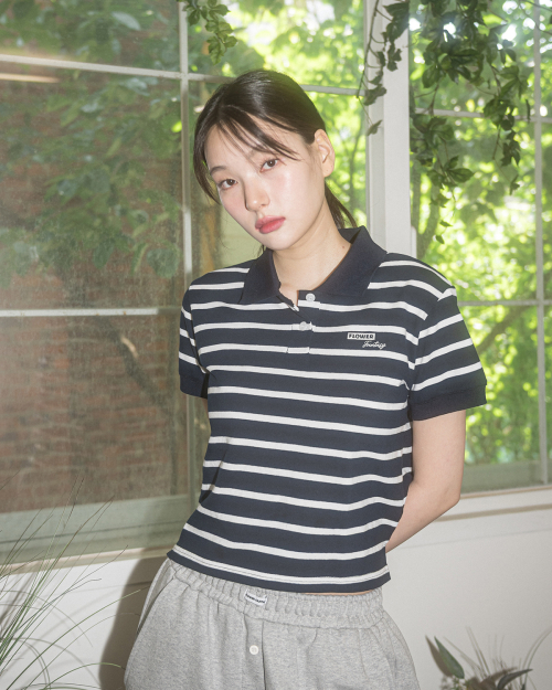 W FF STRIPE PK COLLAR S/S TEE(NAVY)