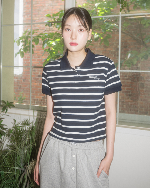 W FF STRIPE PK COLLAR S/S TEE(NAVY)
