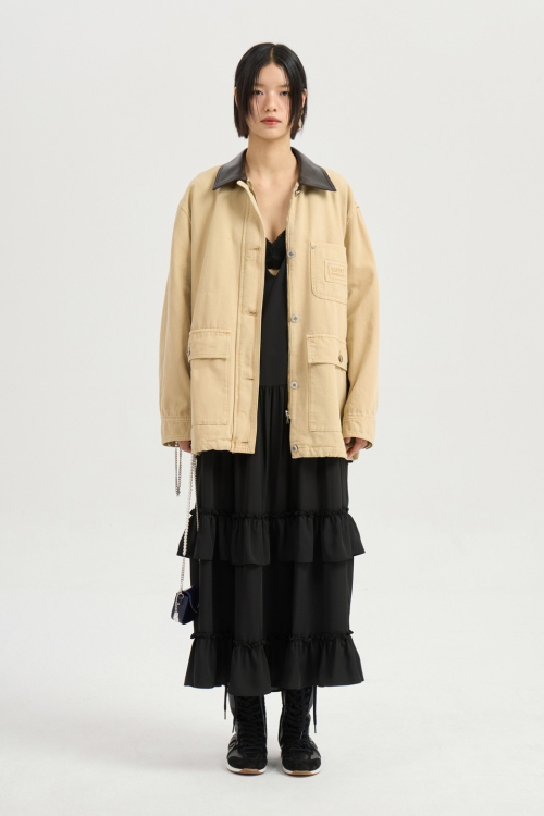 Fake Leather Collar Denim Jumper (dark beige) LFPDM25360BED