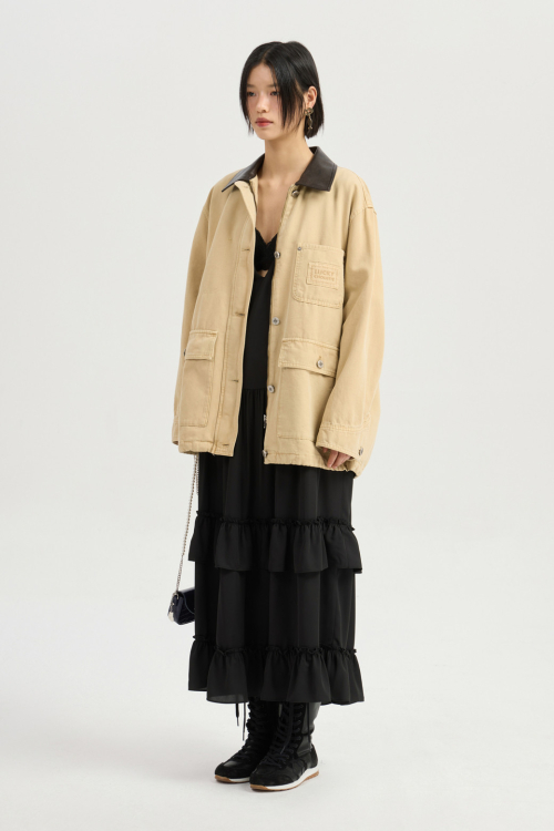 Fake Leather Collar Denim Jumper (dark beige) LFPDM25360BED