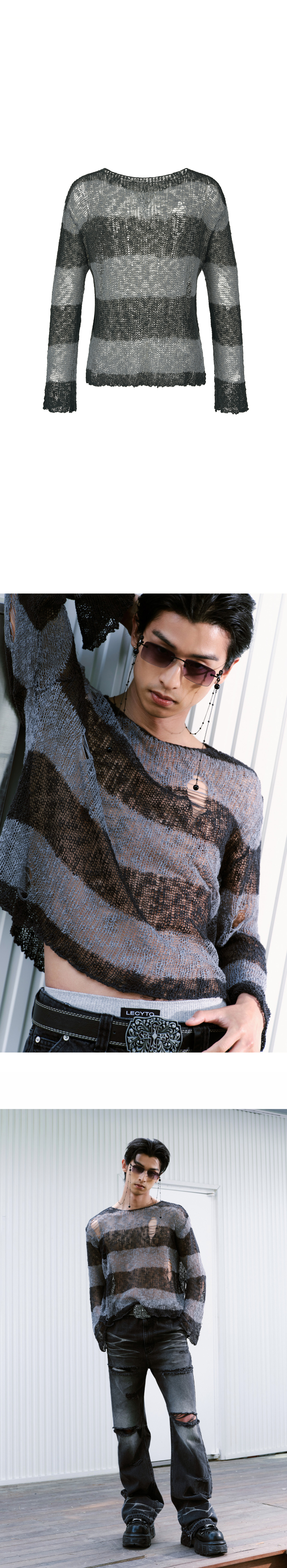 ★LECYTO★ Destroyed Mesh Stripe Long SleeveGray 레씨토(LECYTO) Destroyed Mesh Stripe Long Sleeve_[Gray