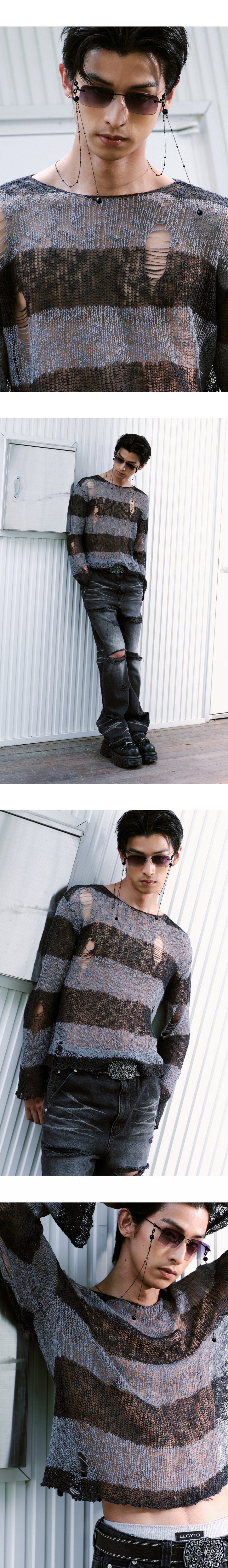 ★LECYTO★ Destroyed Mesh Stripe Long SleeveGray LECYTO □ Destroyed Mesh Stripe Long Sleeve (LECYTO/ニット