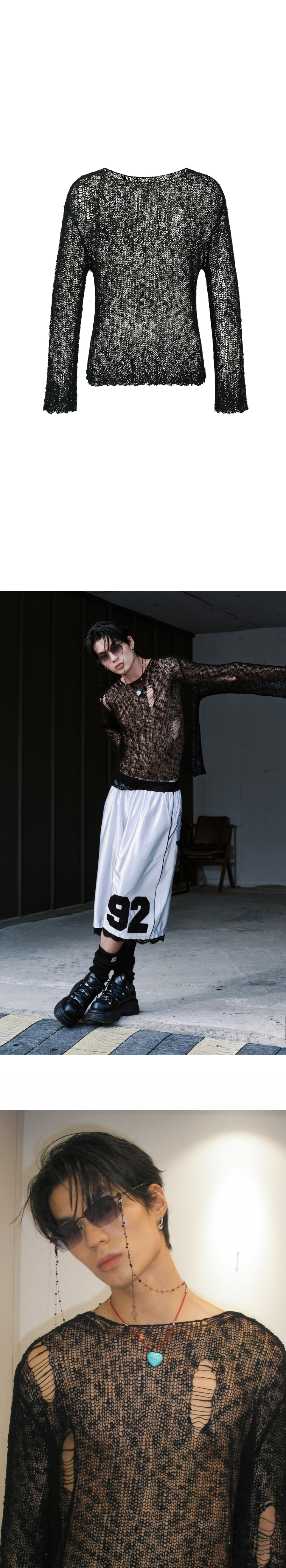 MUSINSA | LECYTO Destroyed Mesh Long Sleeve_[Black]