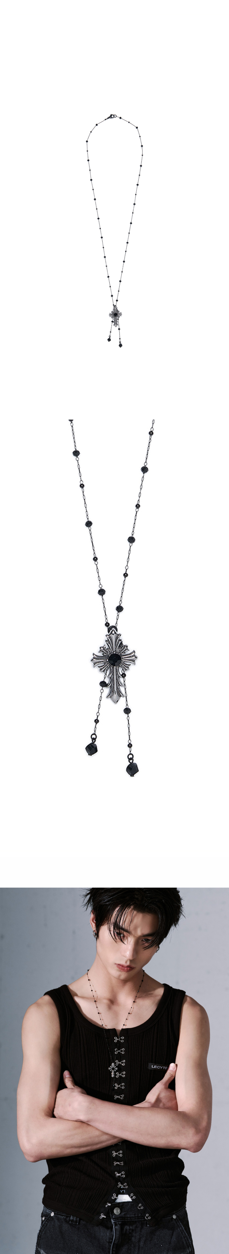 ★LECYTO★ Crystal Cross NecklaceBlack Men's Black Crystal and Black Stainless Steel Cross Pendant