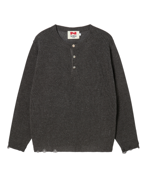 Льняной винтажный трикотажный лонгслив хенли Charcoal Grey