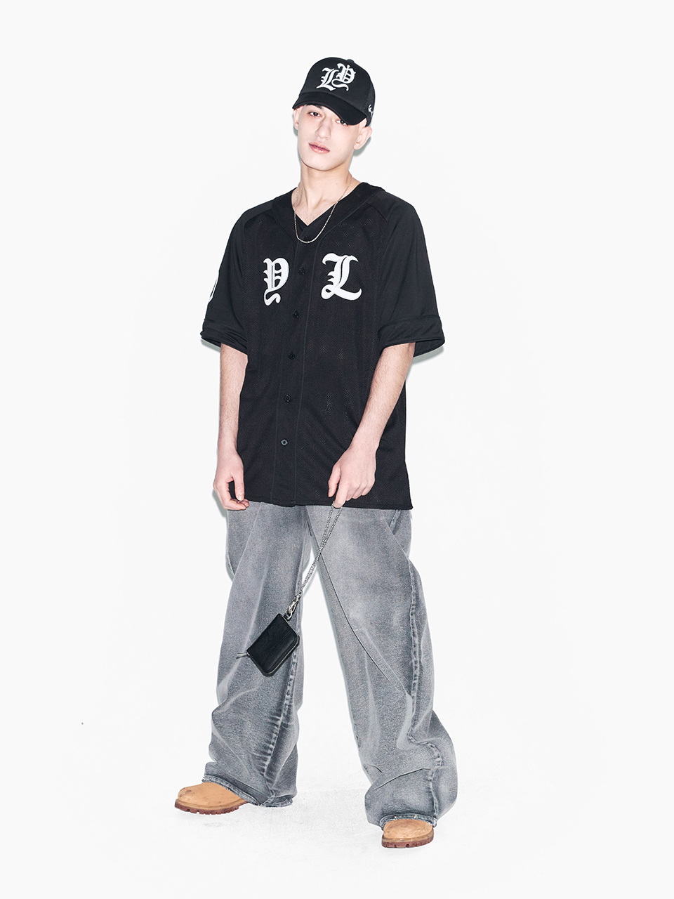 [YEEL] APPLIQUE MESH BASEBALL JACKET ★大人気★ 와이이이엘(YEEL) CUBIC APPLIQUE MESH BASEBALL JACKET BLACK