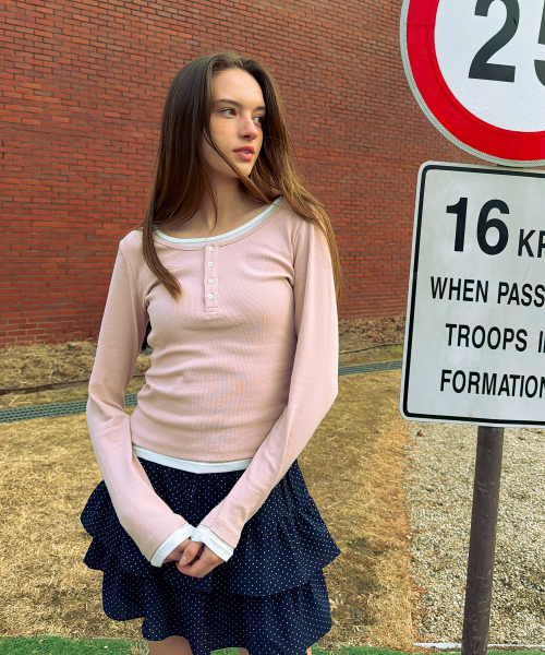 Layered Henry Neck Long Sleeve T-Shirt/WHLAG2283F