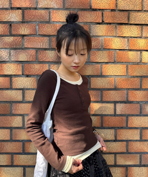 Layered Henry Neck Long Sleeve T-Shirt/WHLAG2283F