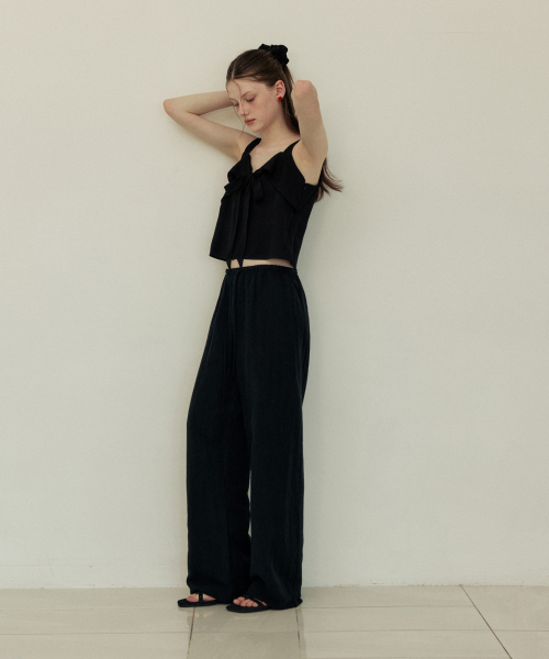 Linen sheer banding wide pants - black