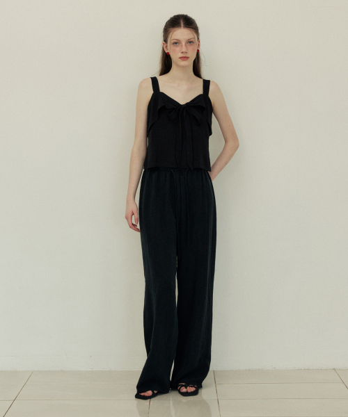 Linen sheer banding wide pants - black