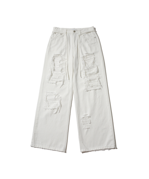 SCRATCH DAMAGE WIDE DENIM PANTS WHITE
