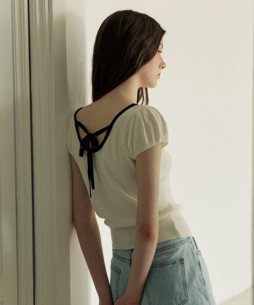 Back ribbon coloring v-образный вырез puff knit - white